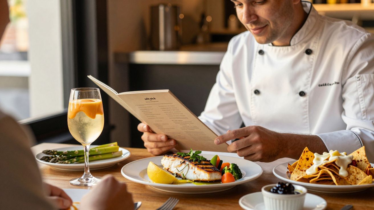 Chef leest menukaart aan tafel met visgerecht, nacho's en drankje, in zonnige restaurantomgeving.