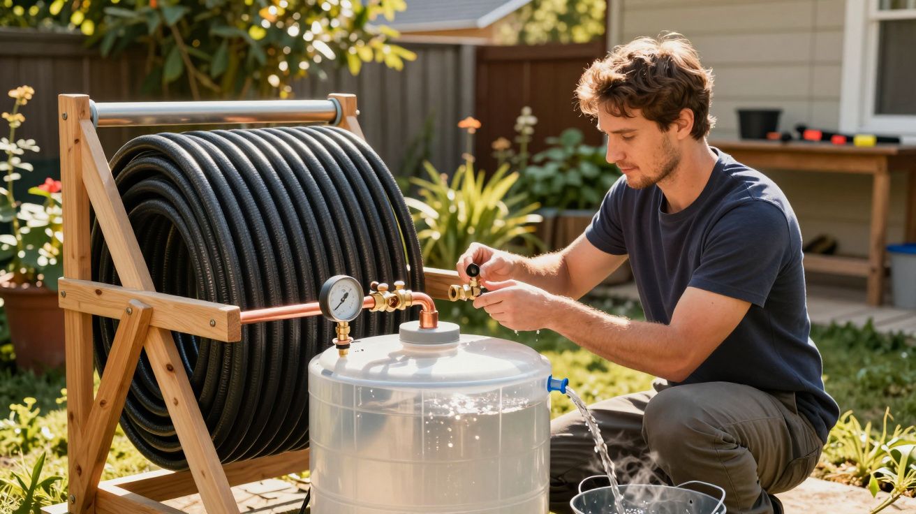 Man installeert een tuinslang op een stand, naast een watertank, in de tuin op een zonnige dag.