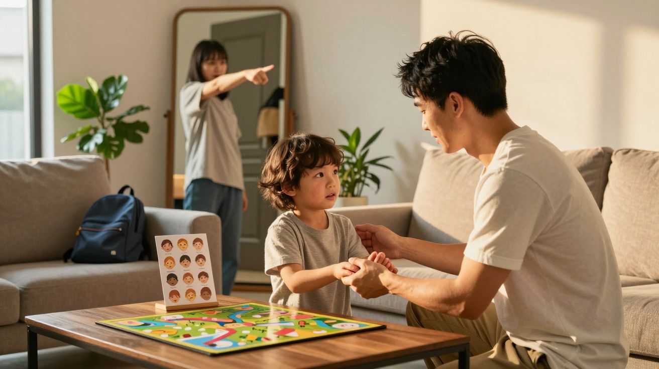 Vader speelt bordspel met zoon in woonkamer, moeder wijst iets aan.