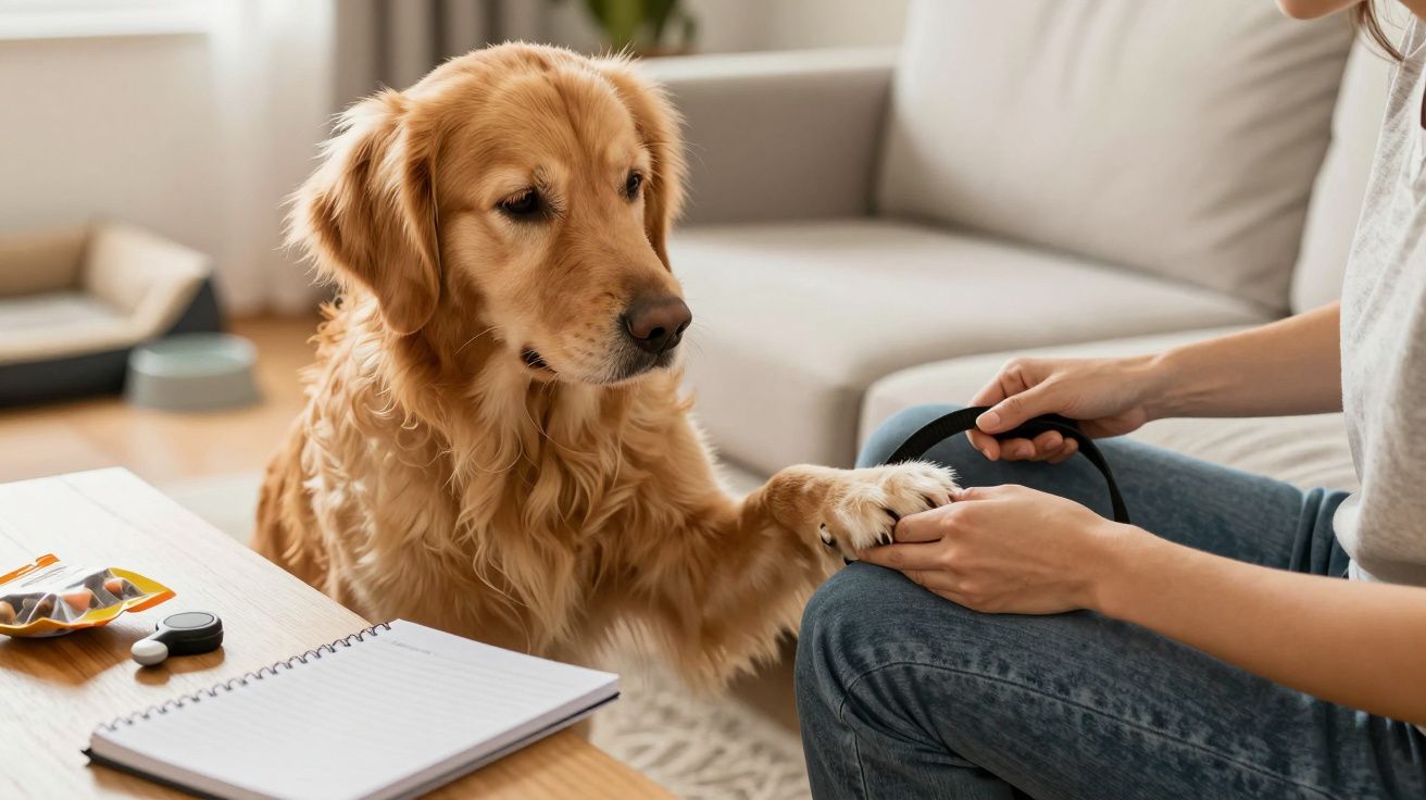 Golden retriever legt poot op schoot van persoon die een halsband vasthoudt, met een notitieblok op de tafel.