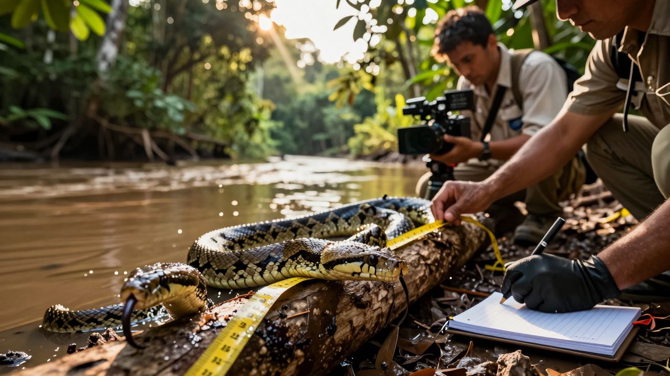 Twee wetenschappers meten een slang op een boomstam naast een rivier in het regenwoud. Er is een camera en notitieboek.