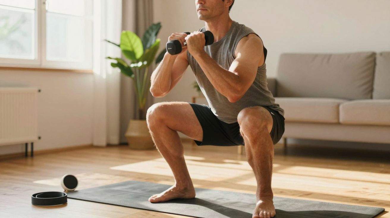 Persoon doet squats met halters in een woonkamer, staand op een yogamat. Er is een bank en planten op de achtergrond.