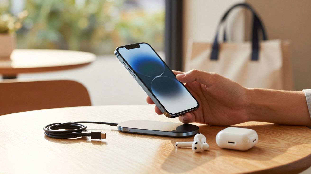 Hand houdt een smartphone boven een draadloze oplader op een tafel, met daarnaast AirPods en een oplaadkabel.