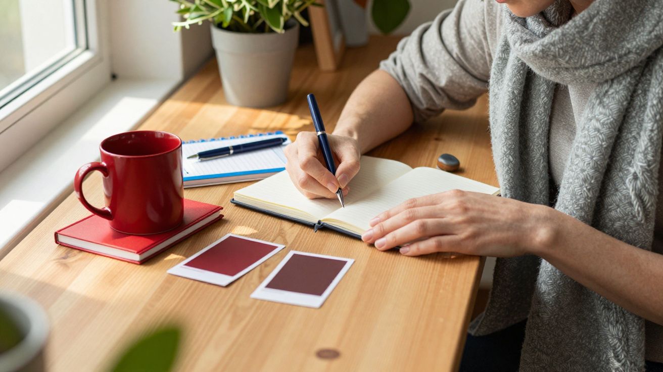 Persoon schrijft in notitieboek met pen naast een rode mok en plant op een houten bureau bij een raam.