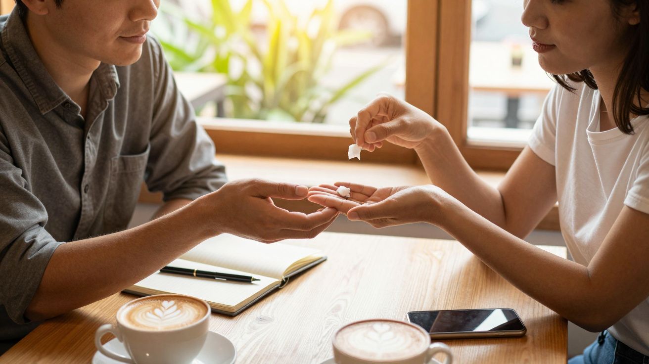 Twee mensen zitten in een café, de een reikt een suikerklontje aan de ander boven kopjes koffie en een notitieboek.