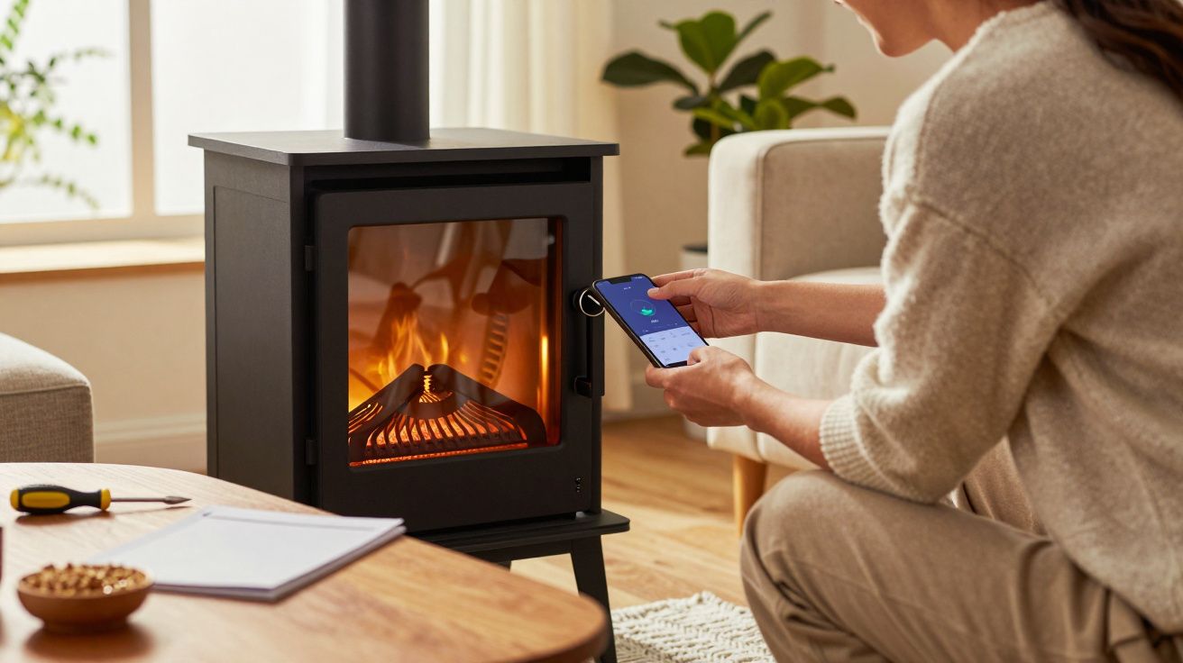 Persoon bedient een moderne houtkachel met een smartphone in een gezellige woonkamer.
