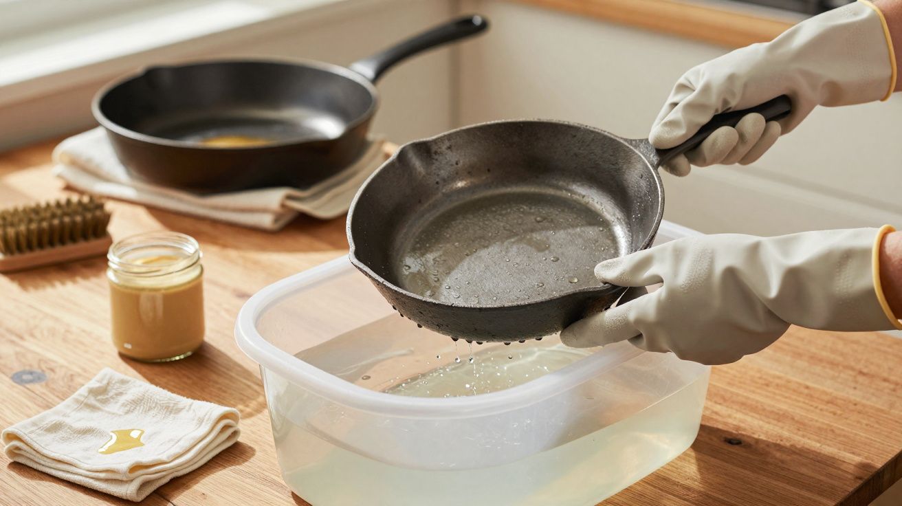 Persoon met rubberen handschoenen wast een gietijzeren pan in een plastic bak met water op een houten aanrecht.
