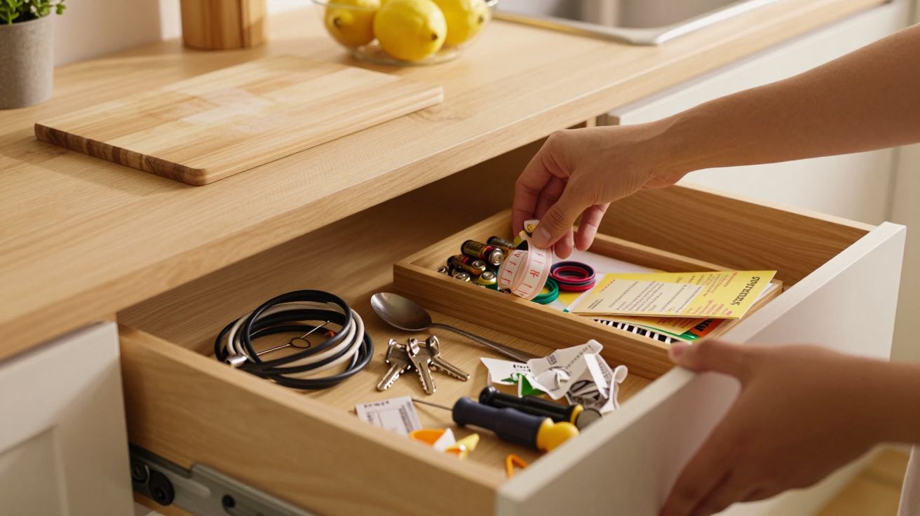 Open lade met diverse spullen zoals sleutels, batterijen en briefjes; handen reiken naar een voorwerp in de lade.