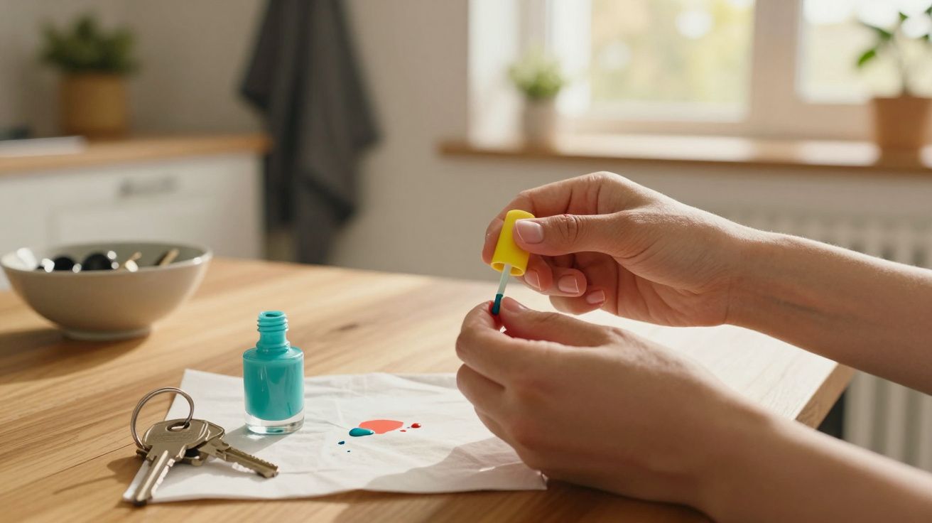 Person opent flesje met turquoise nagellak op een tafel met papieren zakdoekje en sleutelbos.