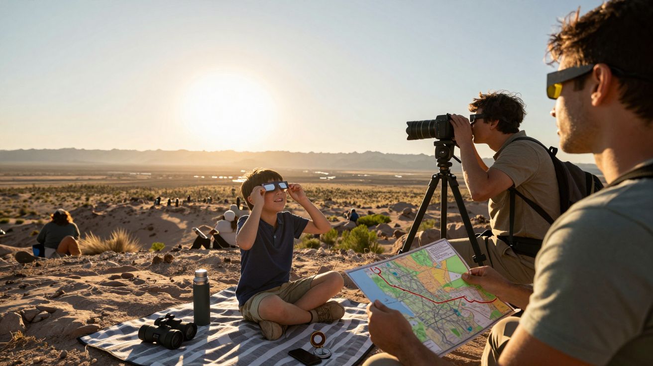 Vader en zoon in de zon, zoon draagt zonnebril. Vader fotografeert, andere man kijkt naar kaart in woestijnlandschap.