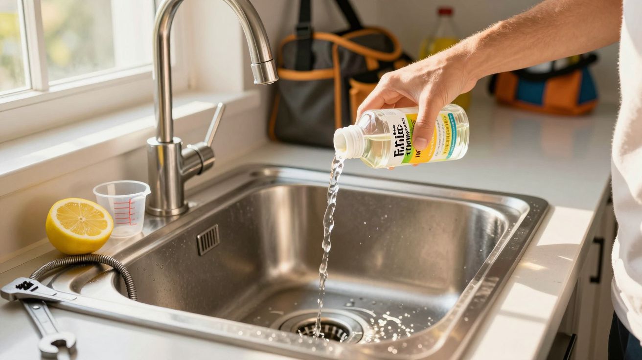 Iemand giet reinigingsmiddel in een gootsteen. Er ligt een halve citroen en een gereedschap naast de spoelbak.