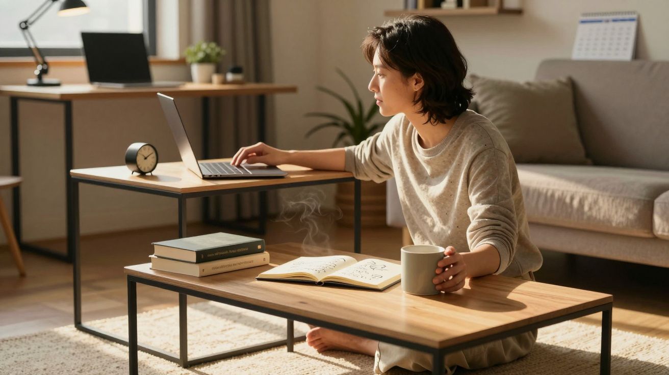 Vrouw zittend op de vloer werkt op laptop, met boeken en koffie op tafel in een zonnige woonkamer.