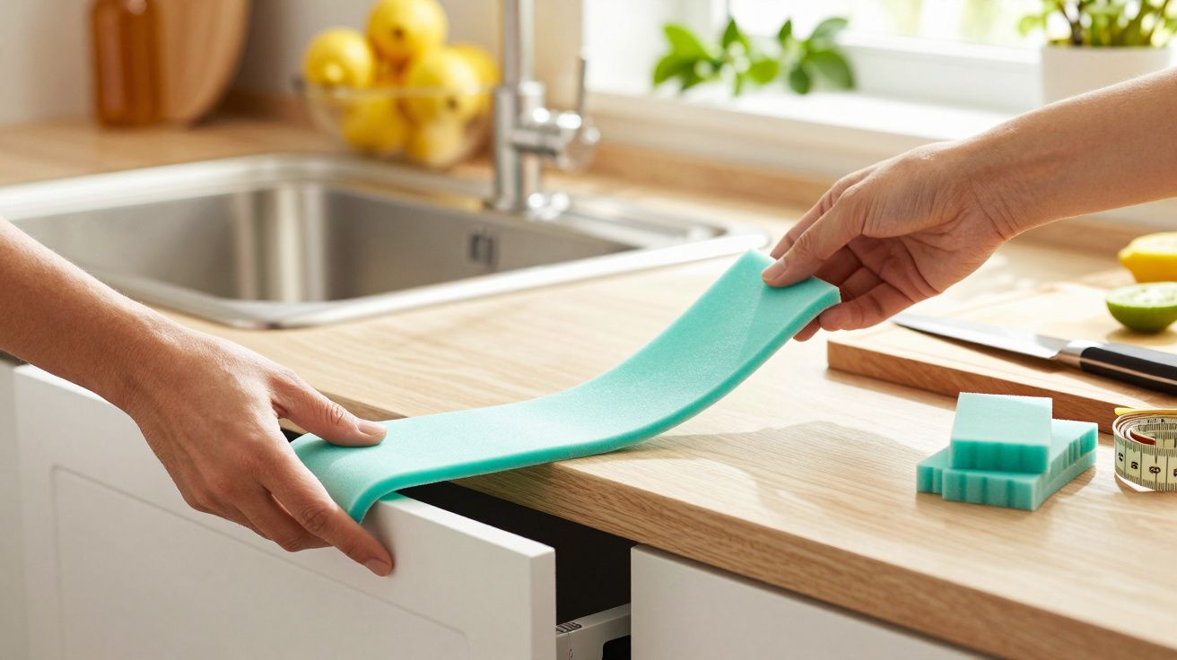 Twee mensen testen een flexibele groene spons in een moderne keuken met houten aanrecht en gootsteen.