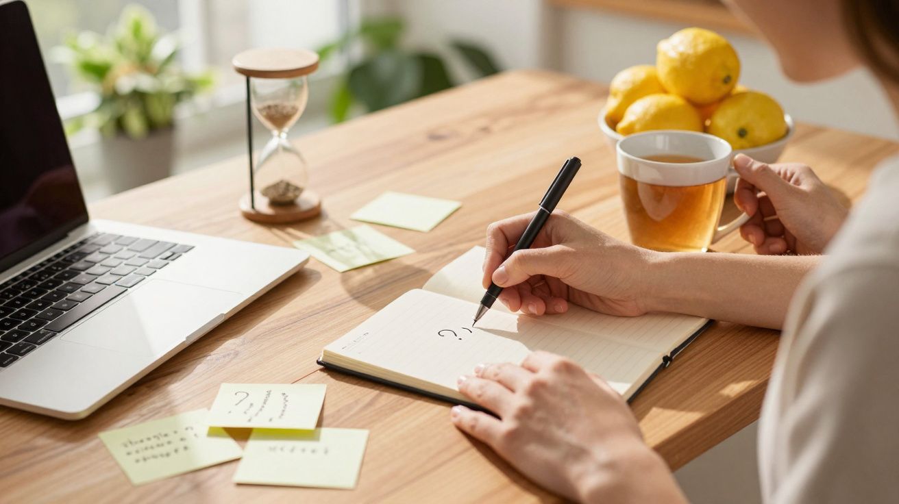 Persoon schrijft in een notitieboek op bureau met laptop, zandloper, citroenen en sticky notes, houdt kopje koffie vast.