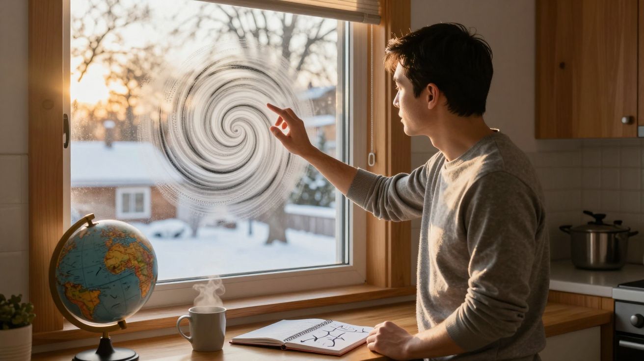 Man tekent spiraal op beslagen raam; naast hem een globe en een notitieboekje, buiten een besneeuwd landschap.
