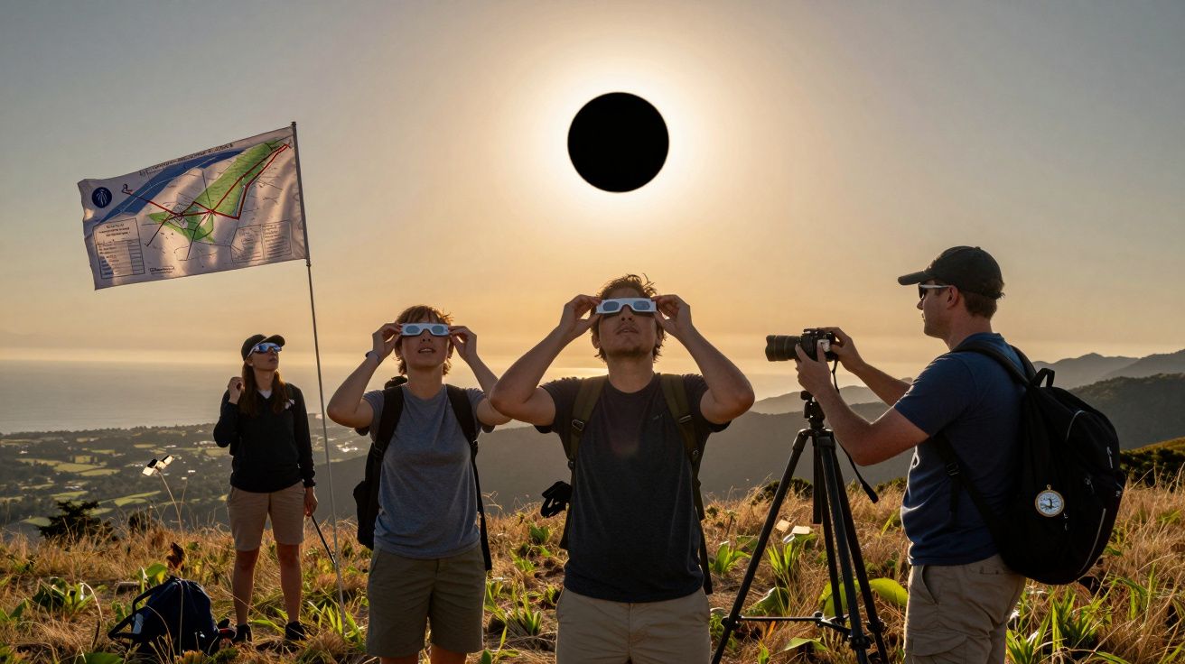 Mensen dragen eclipsbrillen en observeren een zonsverduistering op een grasheuvel met een vlag en camera op een statief.