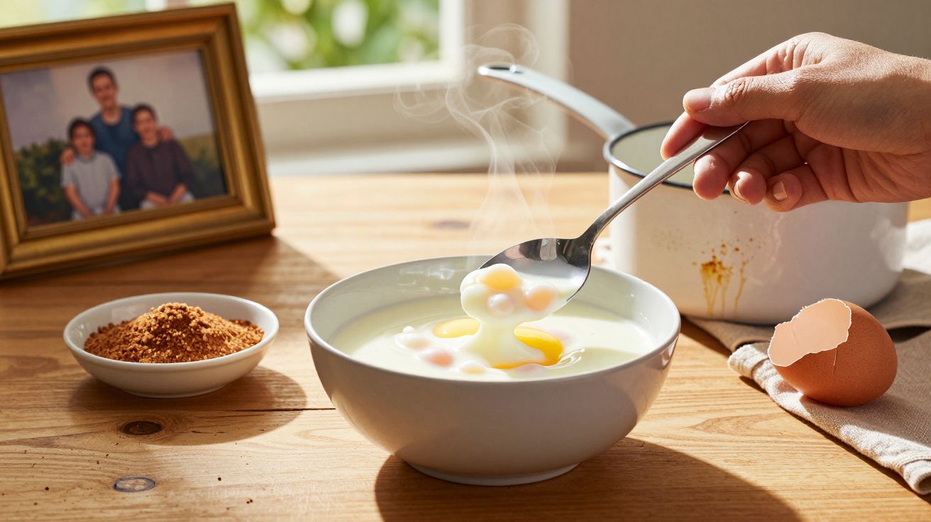 Hand roert stoofpot met eieren, naast kom met kruiden, eierschaal en familiefoto op houten tafel.
