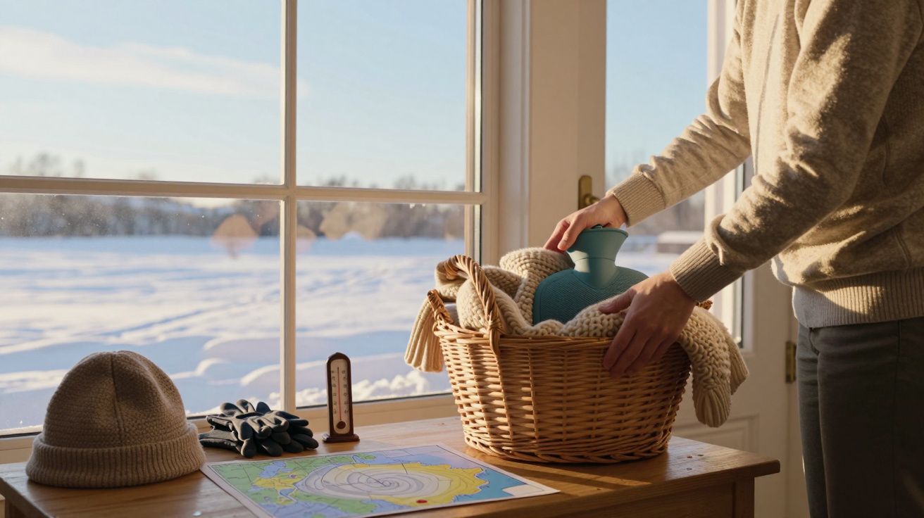 Persoon plaatst een waterkruik in een mand bij raam met winteruitzicht; muts, handschoenen en kaart op tafel.