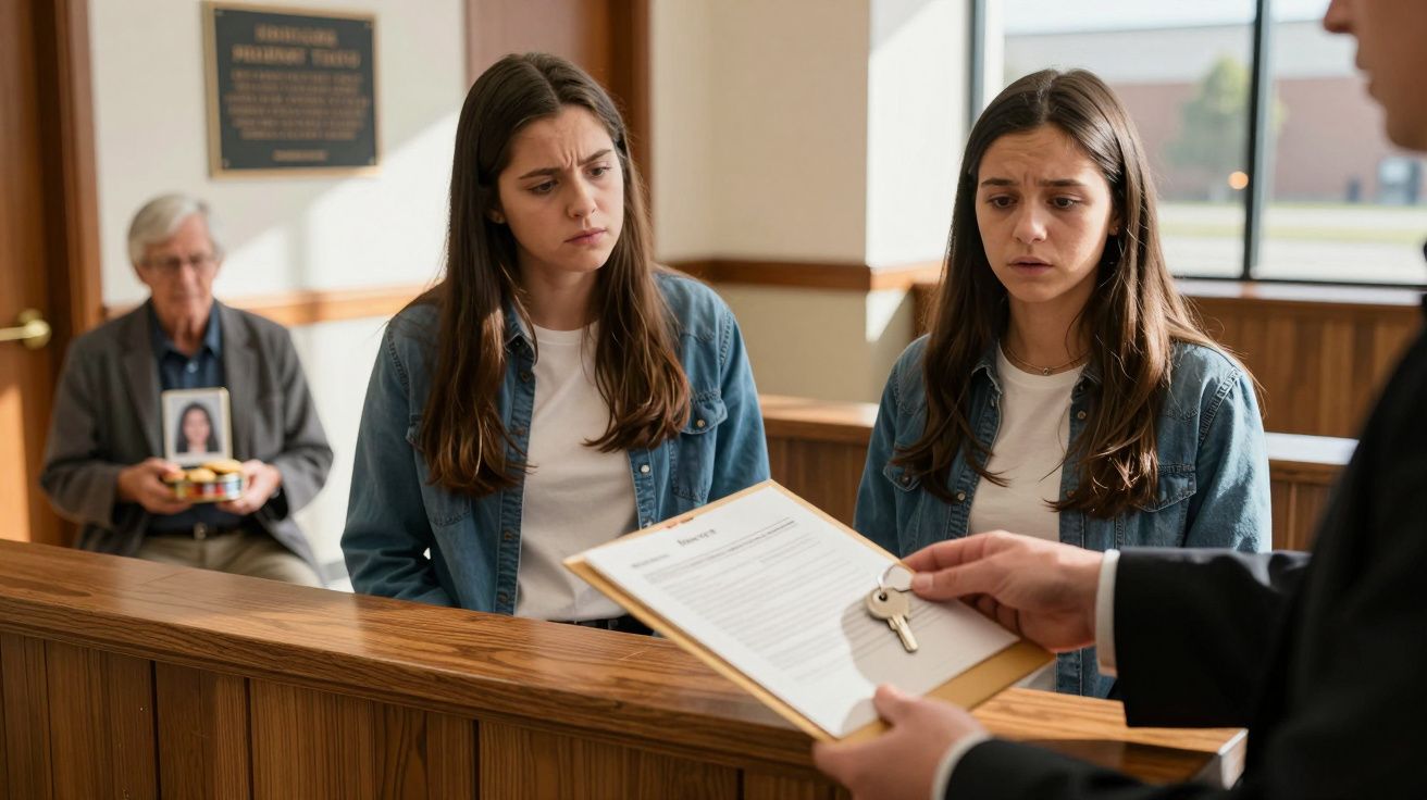 Twee jonge vrouwen kijken bezorgd naar een man die een document en een sleutel vasthoudt; oudere man op de achtergrond.