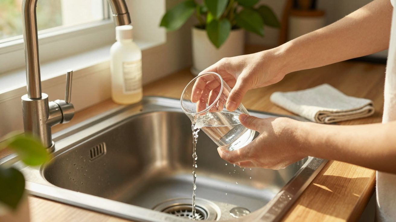 Handen gieten water uit glas in gootsteen, omringd door planten en zeeppompje.