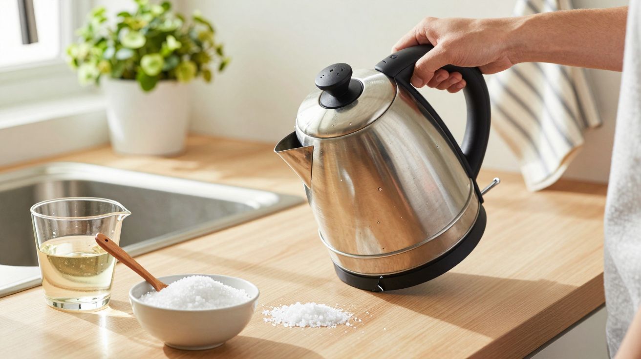 Persoon schenkt warm water uit een metalen waterkoker op een houten aanrecht naast een schaal met zout en glas water.