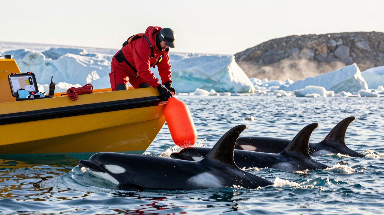 Persoon in boot dichtbij groep zwemmende orka's, omringd door ijsbergen en bevroren landschap.