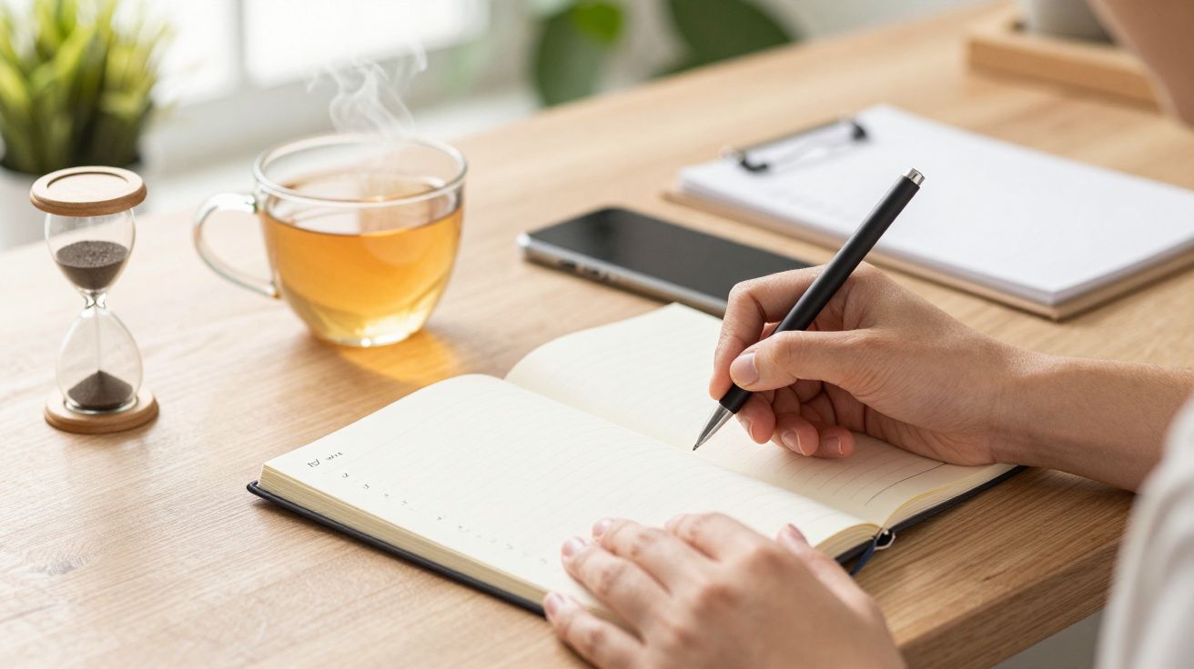 Persoon schrijft in notitieboek, naast een zandloper, een kop thee en een smartphone op een houten bureau.