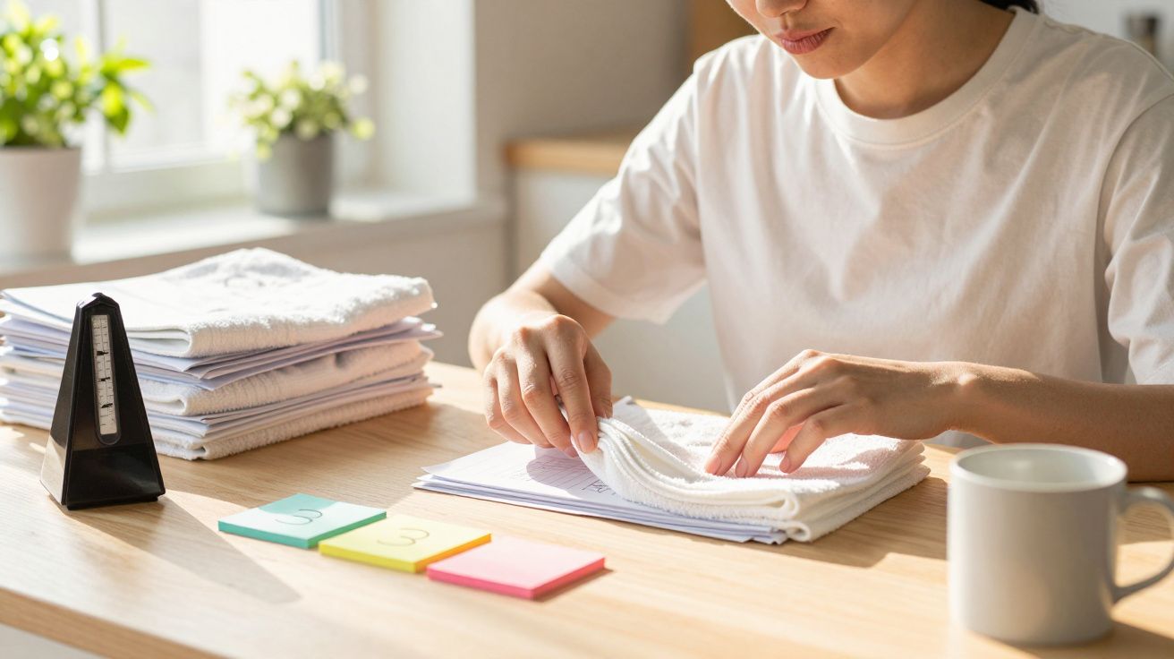 Persoon vouwt handdoeken aan tafel. Op de tafel staan een wekker, notitieblokken en een mok.