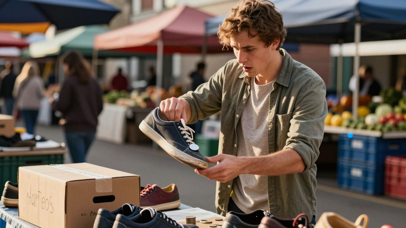 Jonge man onderzoekt schoen op markt met kleurrijke tentjes en fruitkramen op de achtergrond.