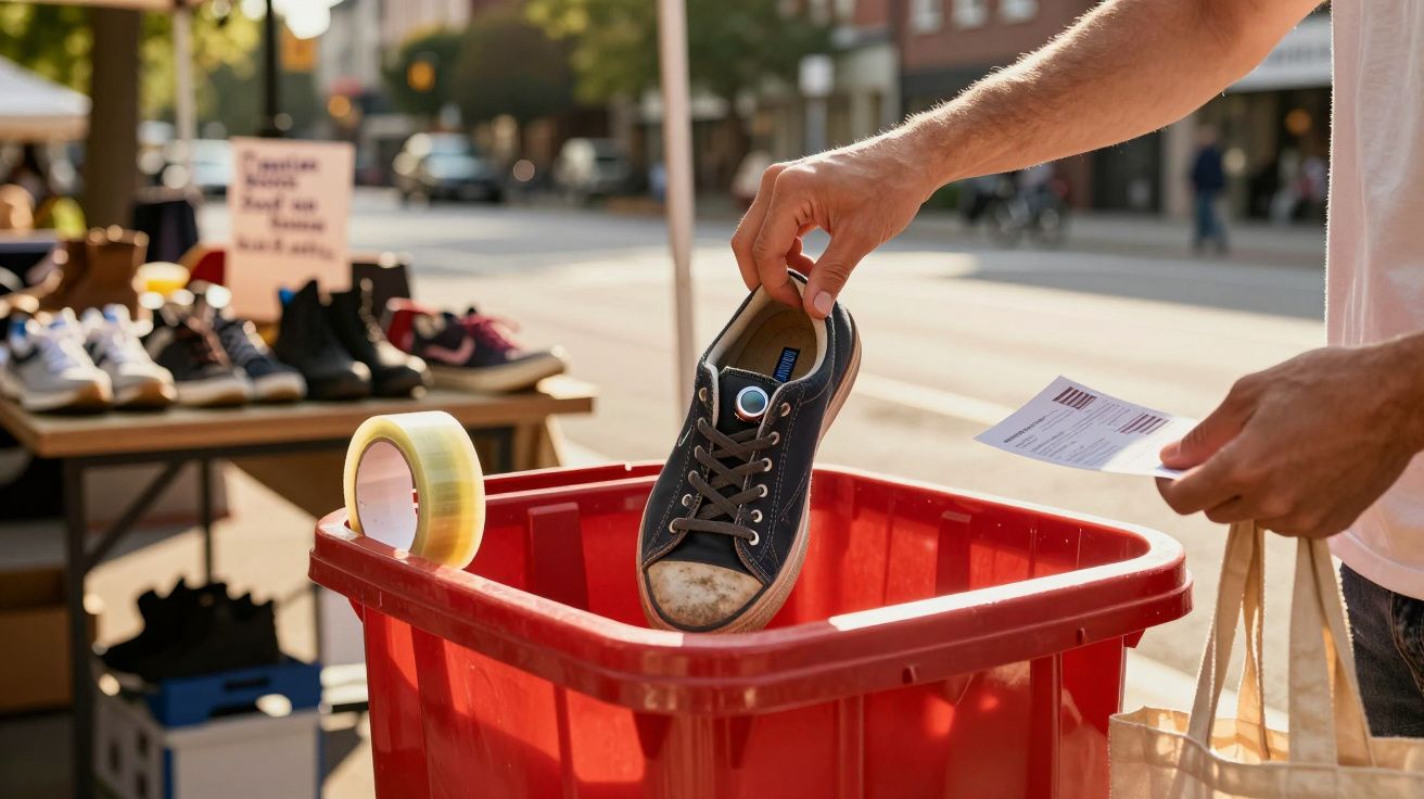 Een hand plaatst een versleten sneaker in een rode bak op een rommelmarkt. Tafels met tweedehands schoenen op de achtergrond.