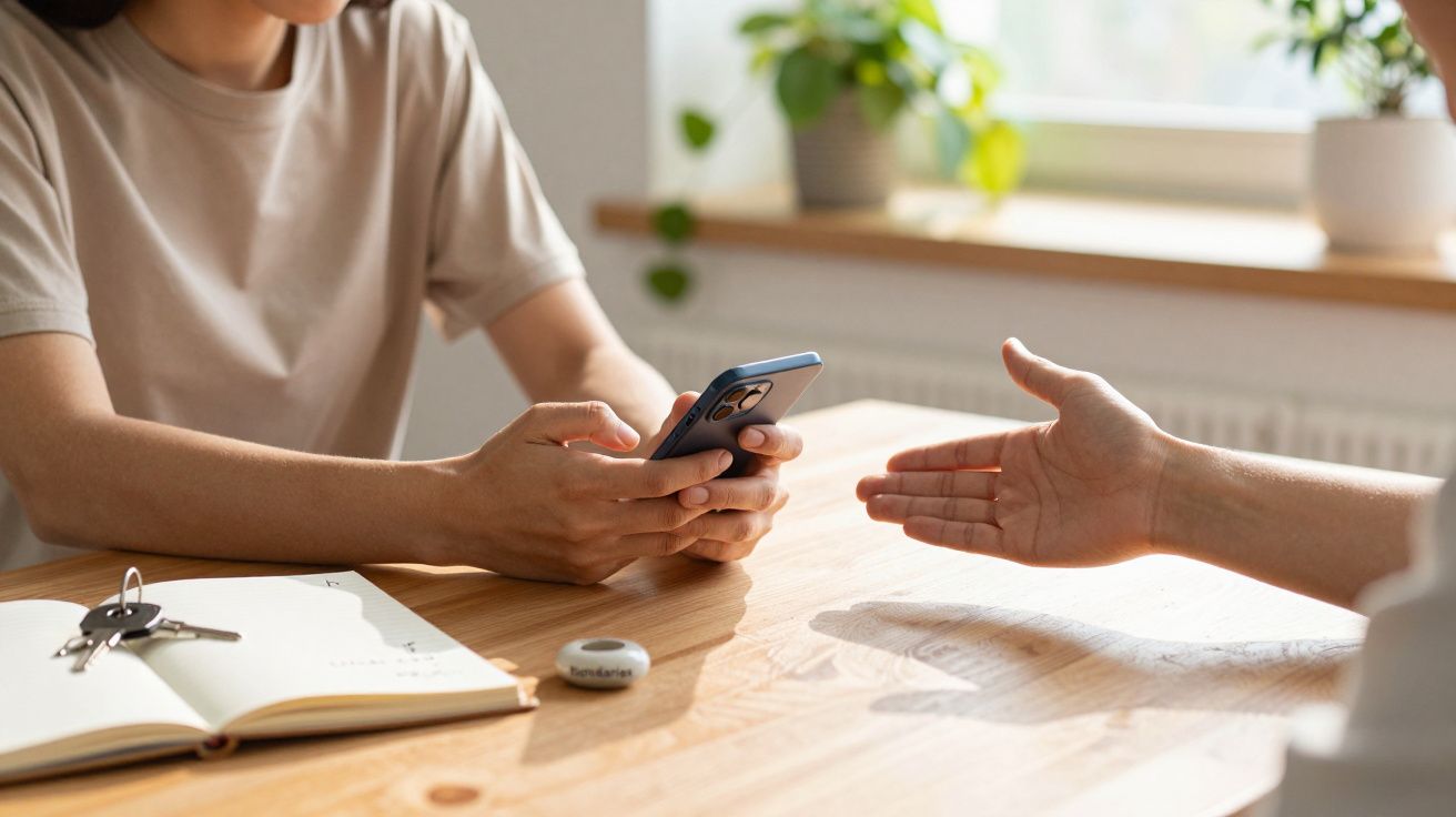 Twee personen aan tafel, één houdt een smartphone vast, de ander strekt een hand uit; er ligt een notitieboek en sleutels.