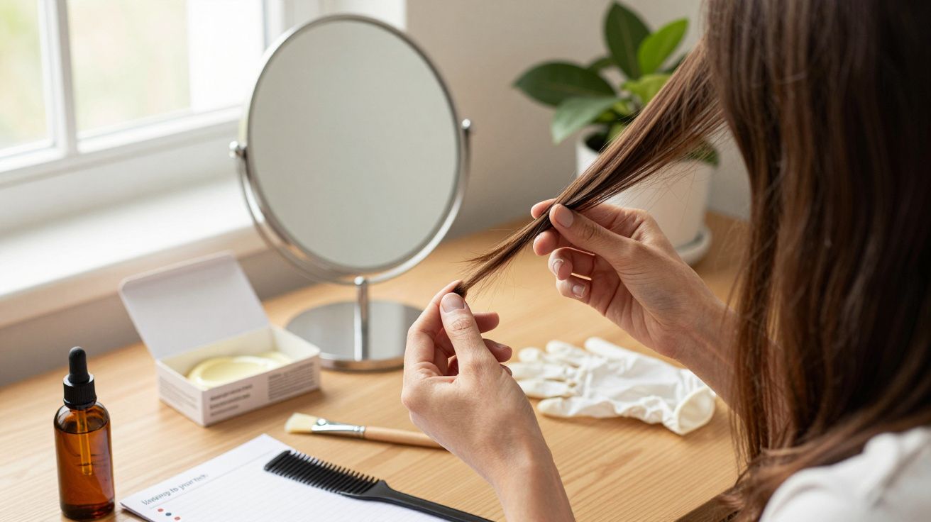 Vrouw onderzoekt haar haarpunten aan een bureau met spiegel, kam, handschoenen en verzorgingsproducten.