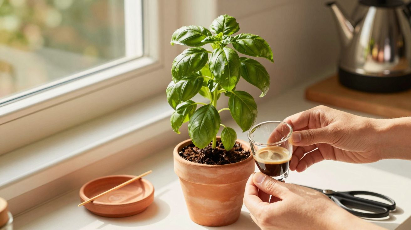 Basilicumplant in terracotta pot naast raam, met persoon die een glas espresso vasthoudt.