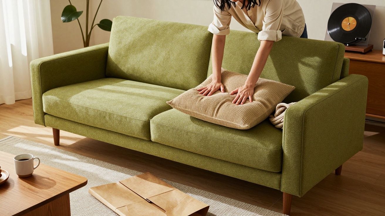 Vrouw schikt kussens op een groene bank in een modern ingerichte woonkamer met houten meubels en planten.