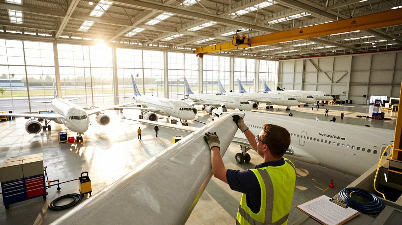 Technicus controleert vliegtuigvleugel in zonnige hangar met verschillende vliegtuigen op de achtergrond.