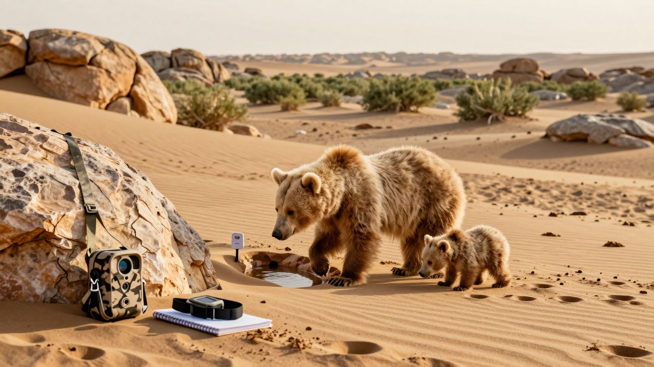 Twee beren in de woestijn naast een plas water en camera-apparatuur, met rotsen en groen op de achtergrond.