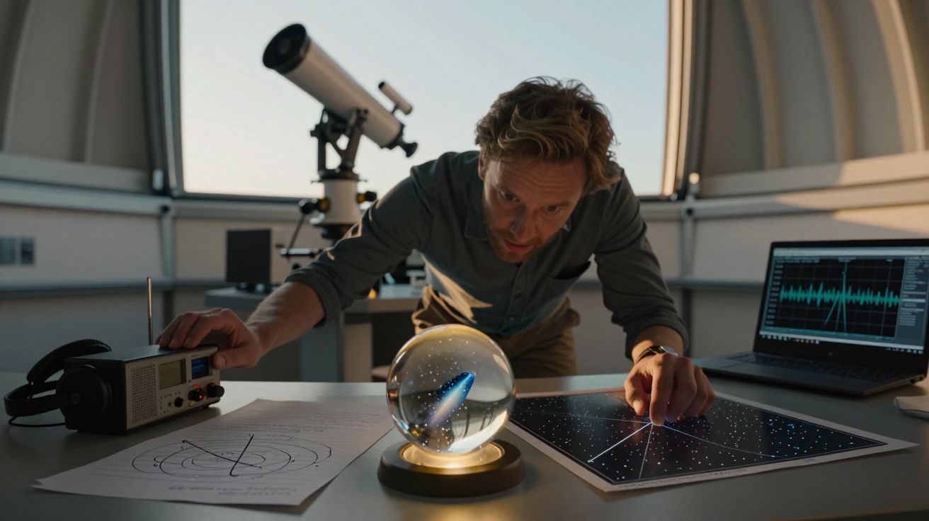 Man onderzoekt kaarten en glazen bol met een telescoop op de achtergrond in een observatorium.
