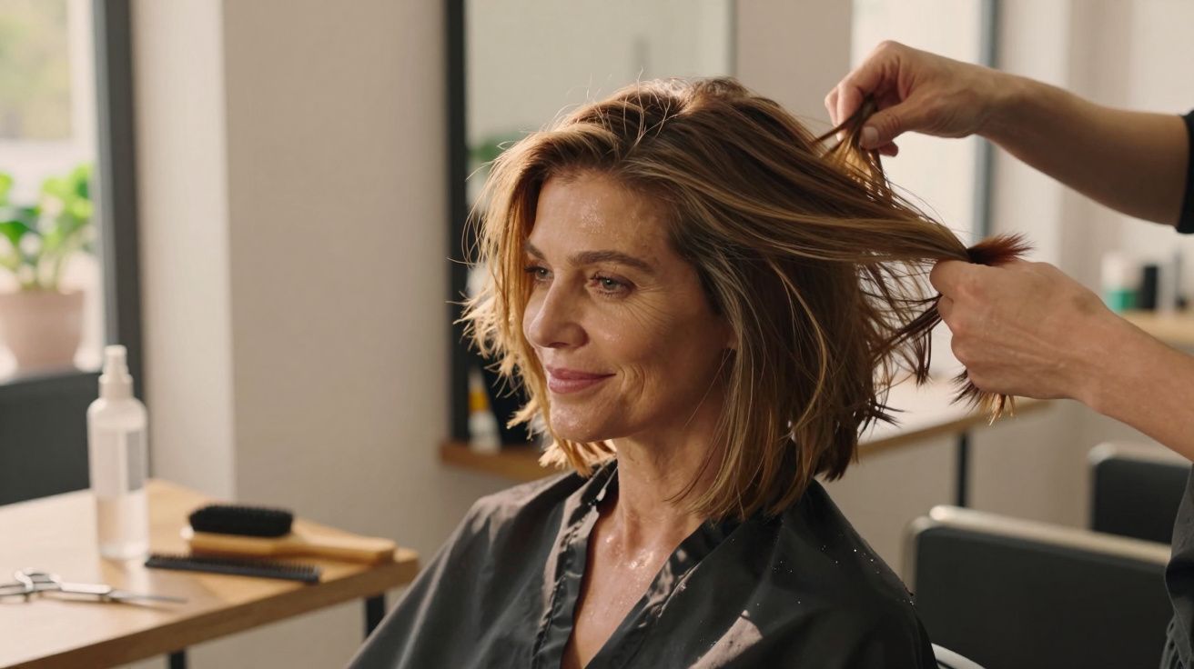 Vrouw in kappersstoel met kort bruin haar, kapper stylt haar met handen in moderne salon.