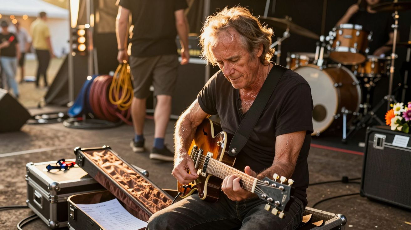 Een man speelt elektrische gitaar op een festivalpodium. Omringd door apparatuur en een open gitaarkoffer.