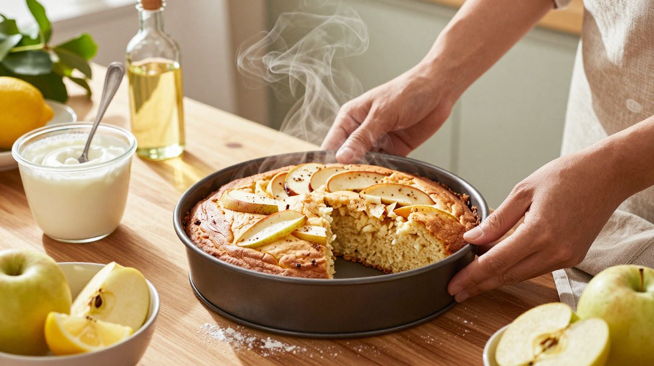 Handen serveren dampende appelcake uit een ronde bakvorm, omringd door appels, citroenen en yoghurt op houten tafel.