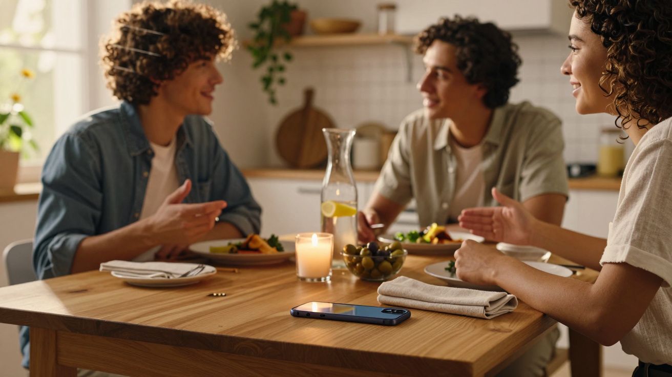 Drie mensen lachen en praten tijdens het diner in een gezellige keuken, met een telefoon op tafel en een brandende kaars.