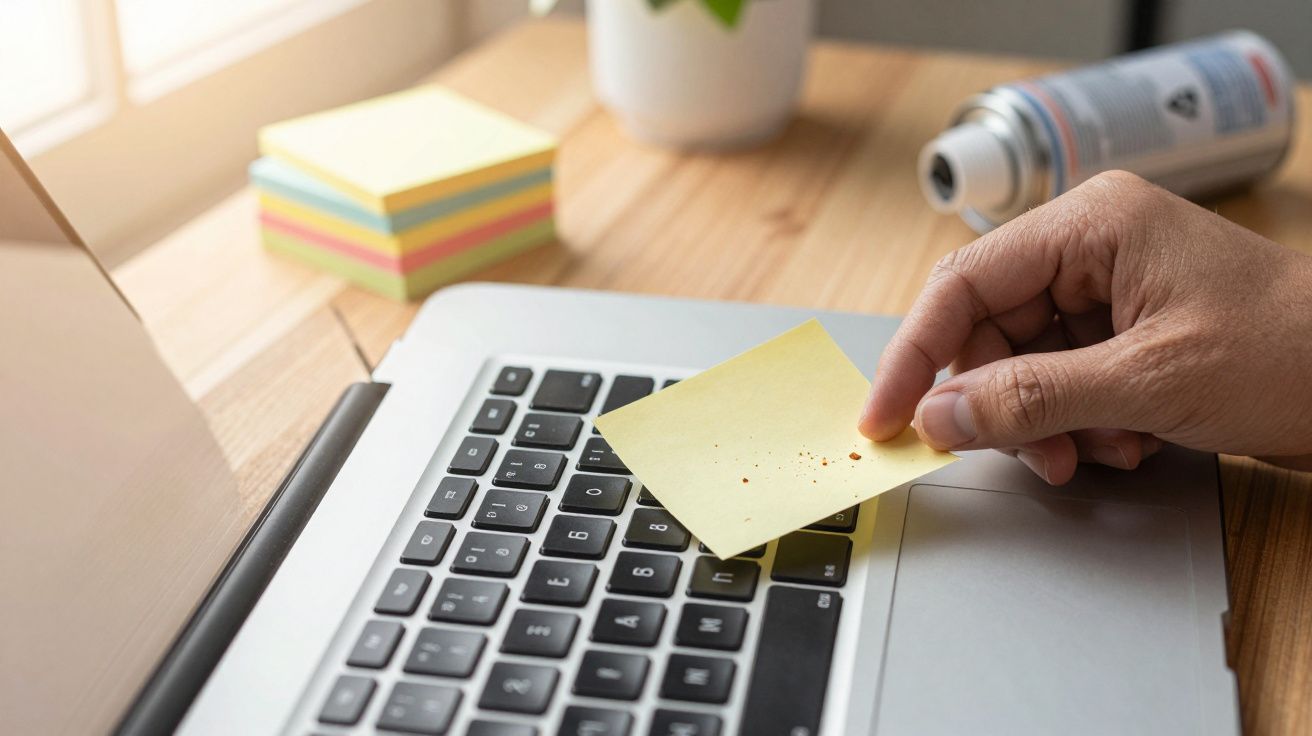 Hand plaatst een gele notitie op een laptoptoetsenbord, met kleurige plakbriefjes en spuitbus op houten bureau.