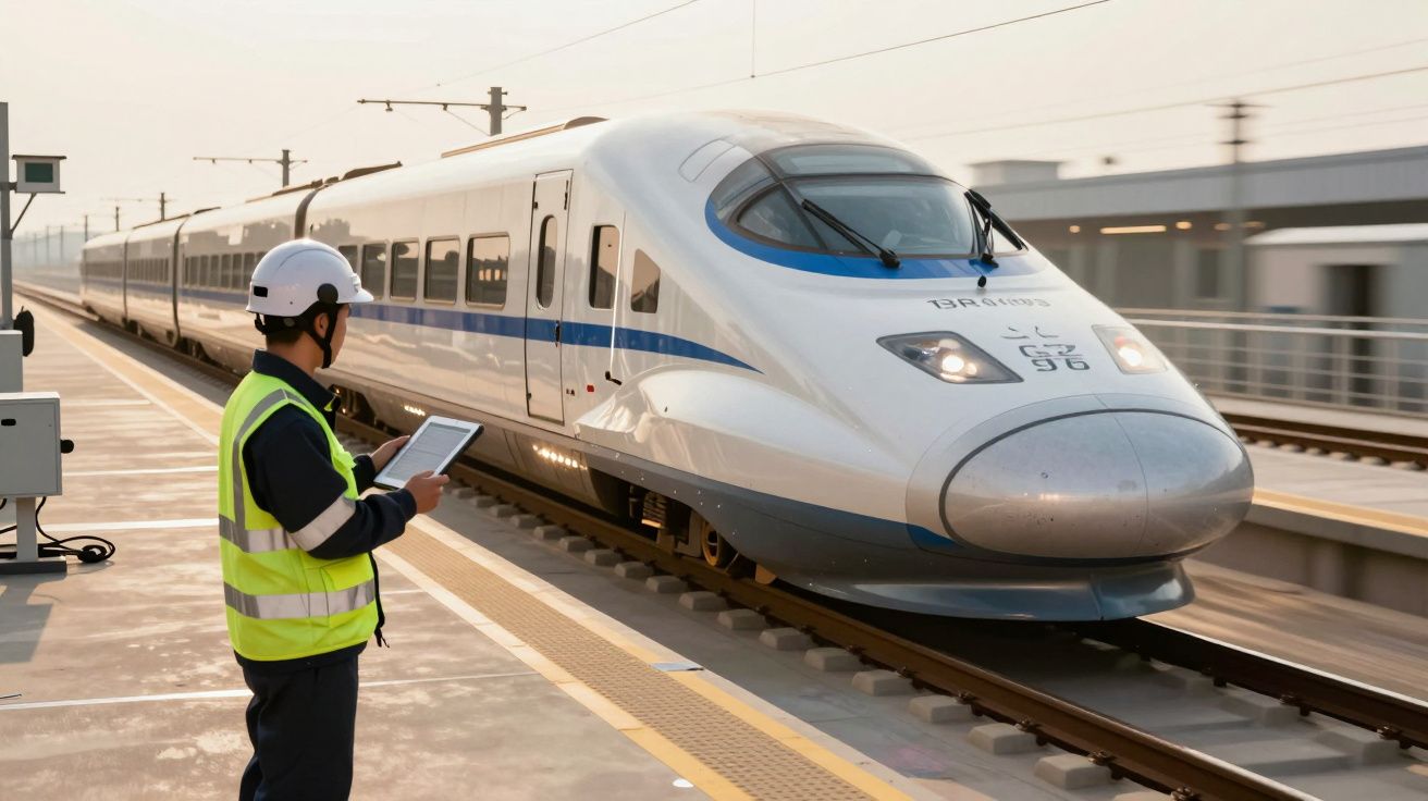 Hogesnelheidstrein arriveert op station; operator in veiligheidsvest controleert gegevens op tablet.