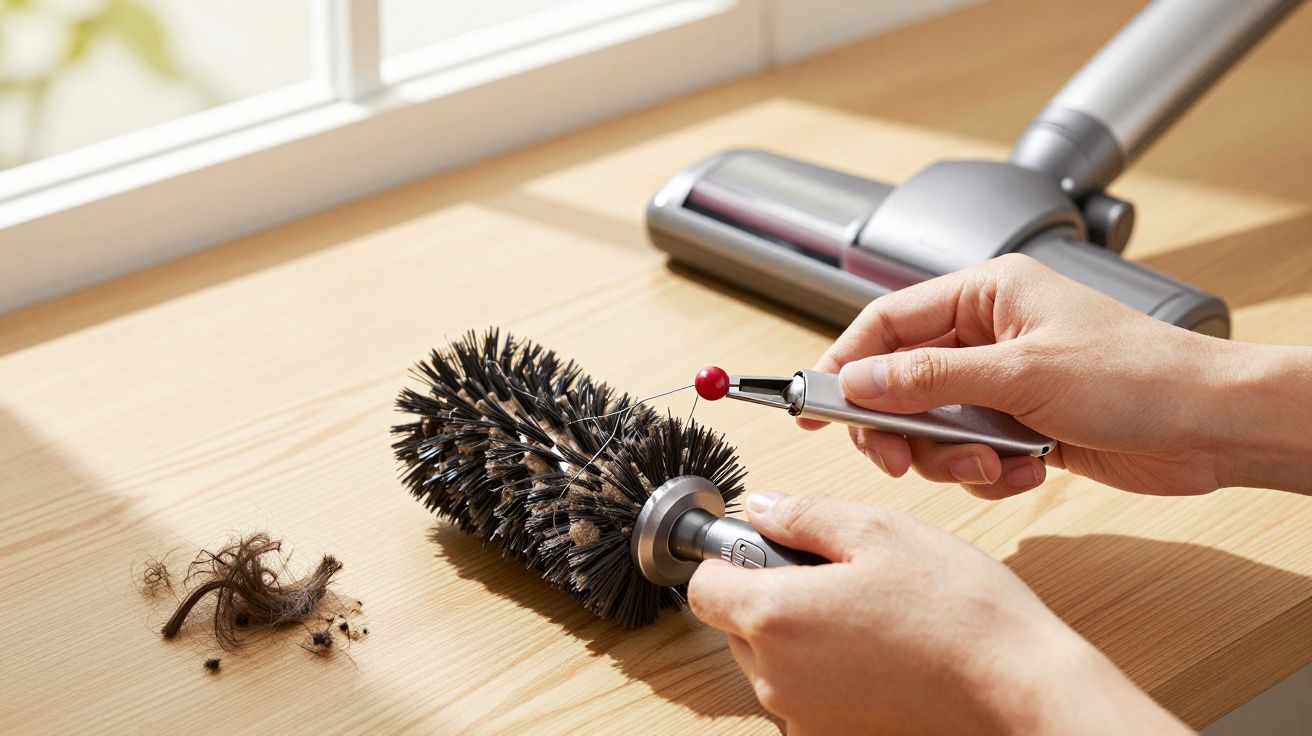 Persoon maakt een stofzuigerborstel schoon met een reinigingsgereedschap, haren en stof op tafel.