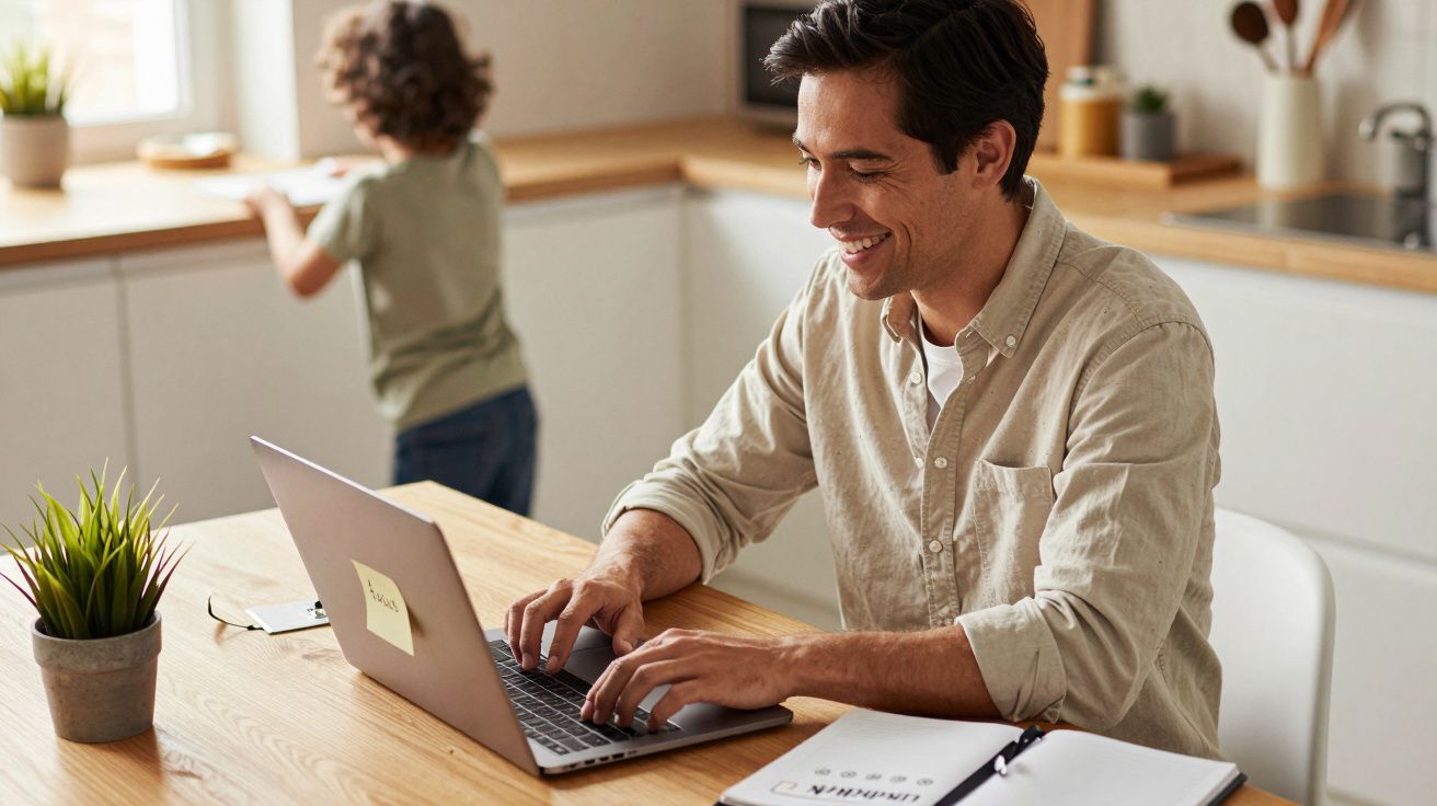 Man werkt glimlachend op laptop aan tafel, kind op achtergrond speelt bij raam in keuken.