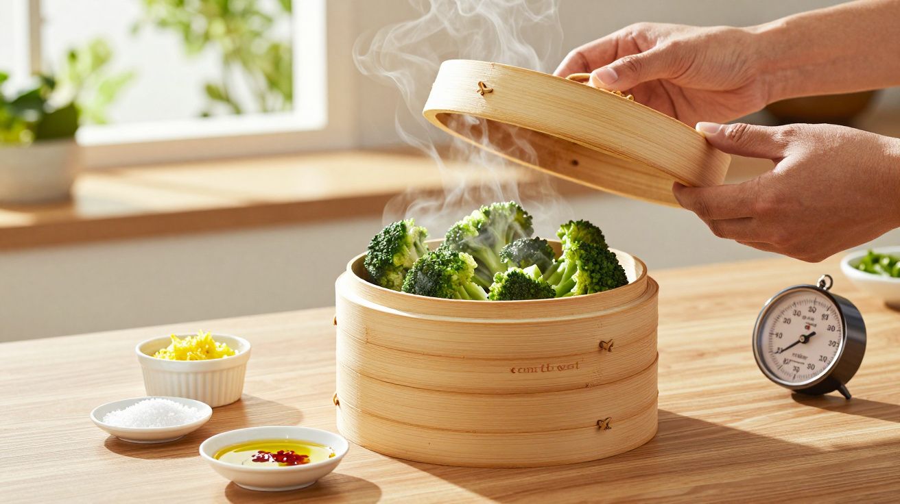 Bamboe stoommandje met vers gestoomde broccoli, damp stijgt op. Hand legt de deksel op. Ingrediënten en timer op tafel.