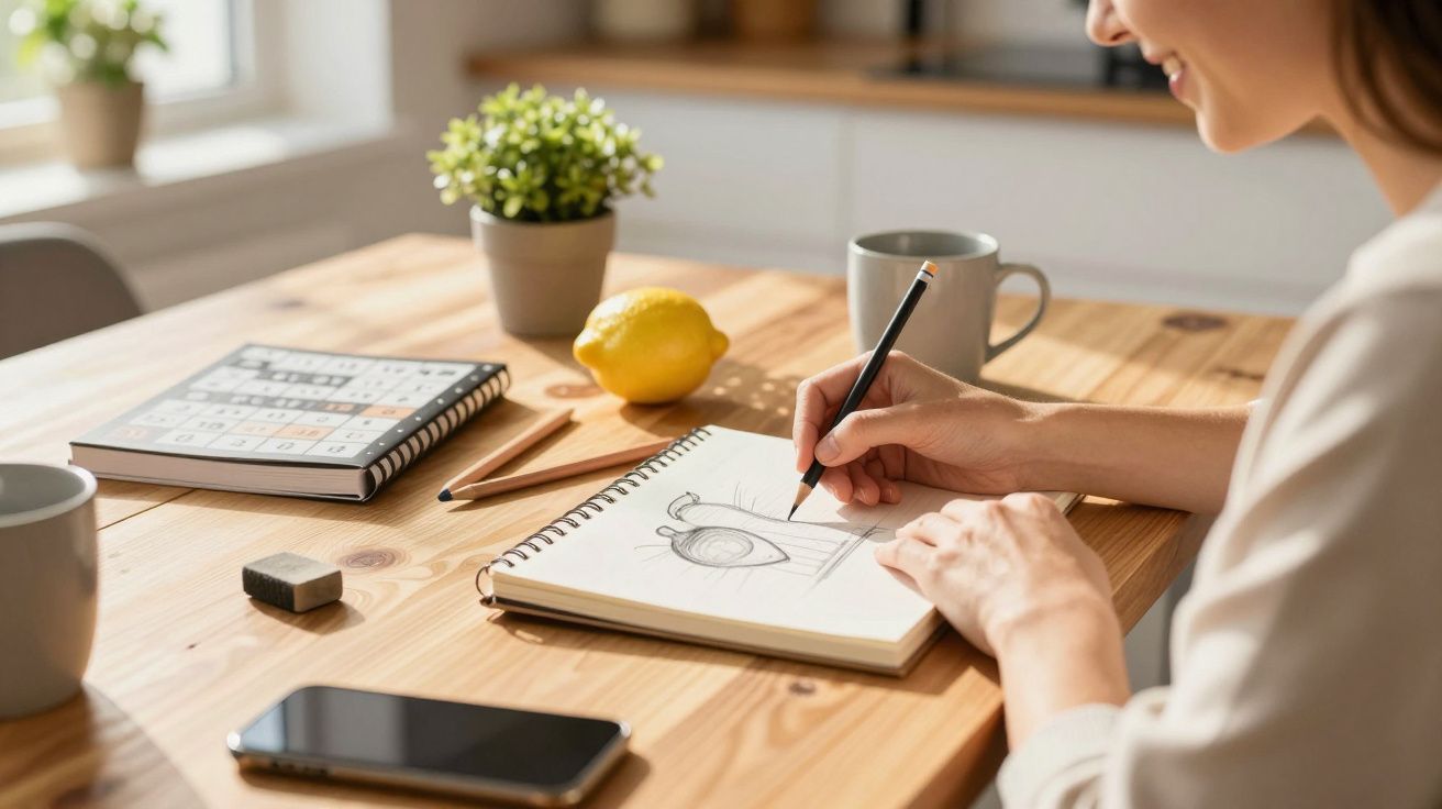 Vrouw tekent een vaas in een schetsboek aan een houten tafel, omgeven door een plant, citroen en bureau-accessoires.