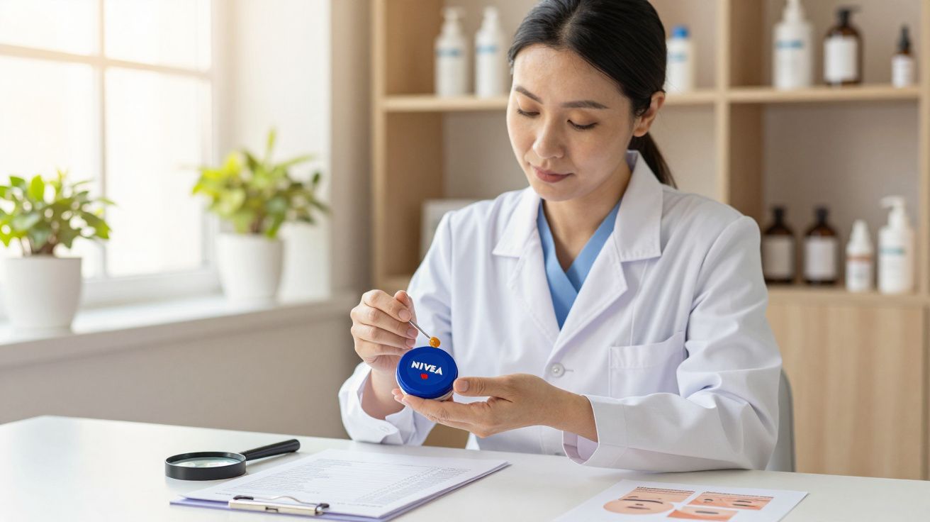 Vrouwelijke arts onderzoekt een potje Nivea-crème, zittend aan een bureau met onderzoeksnotities en vergrootglas.