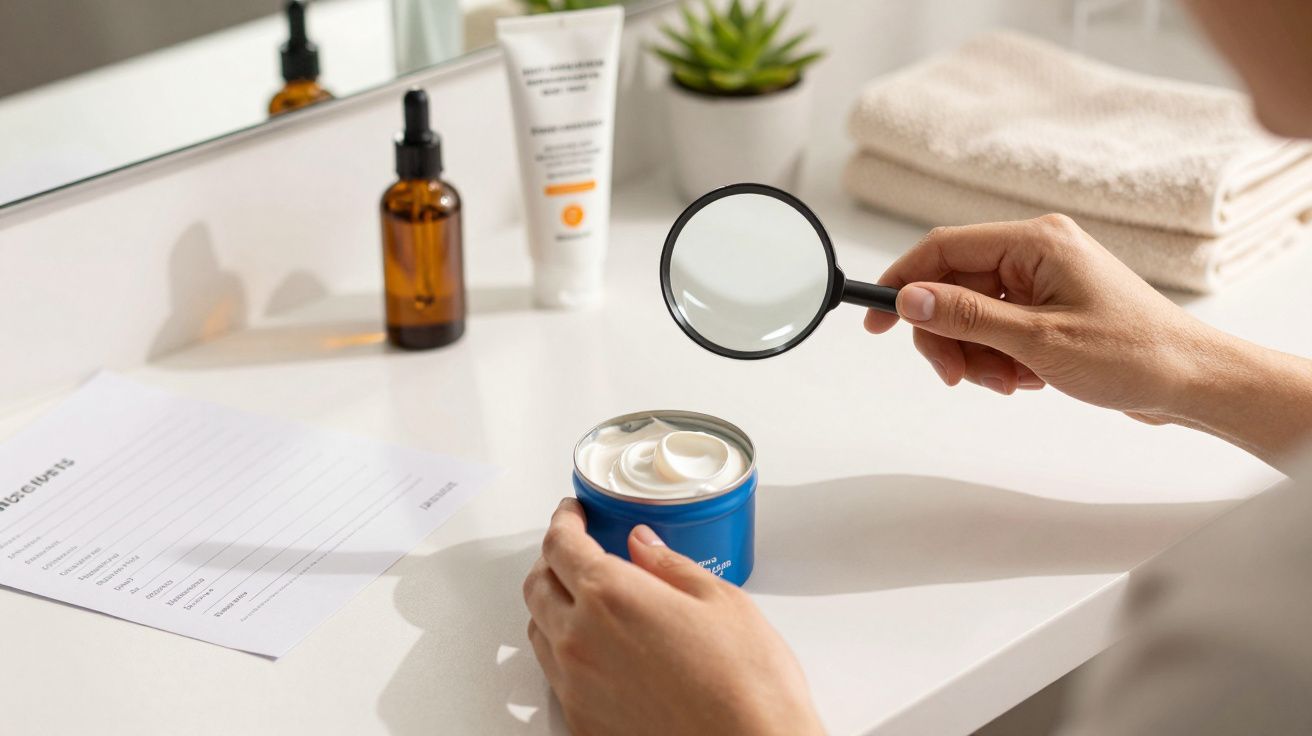 Persoon inspecteert crème in blauwe pot met vergrootglas, naast huidverzorgingsproducten op een witte badkamerplank.