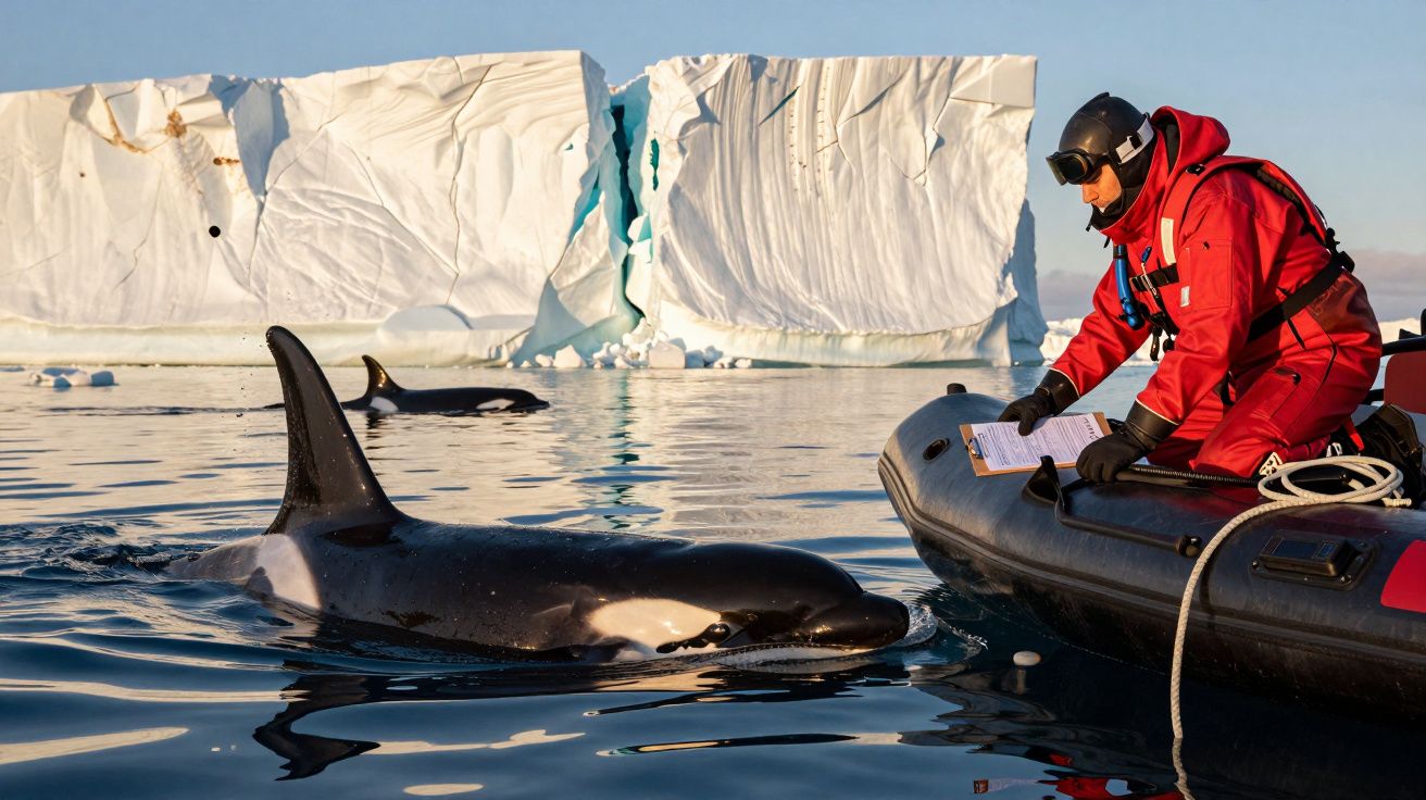 Onderzoeker in rode uitrusting observeert orka nabij zodiakboot voor grote ijsberg in zonnige poolomgeving.